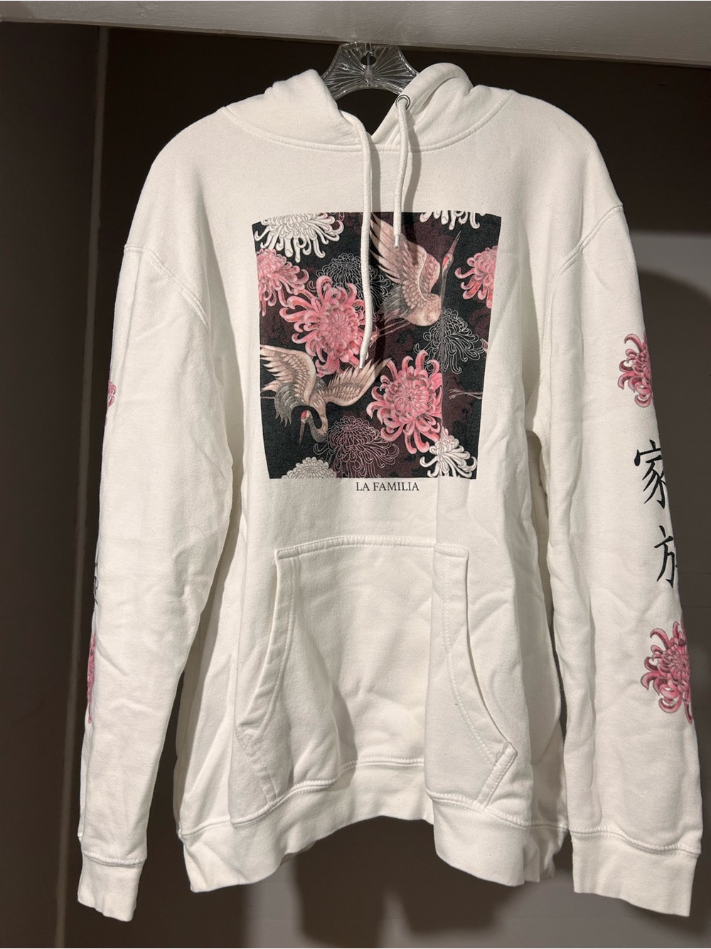 White Hoodie with Pink Crane Floral Print